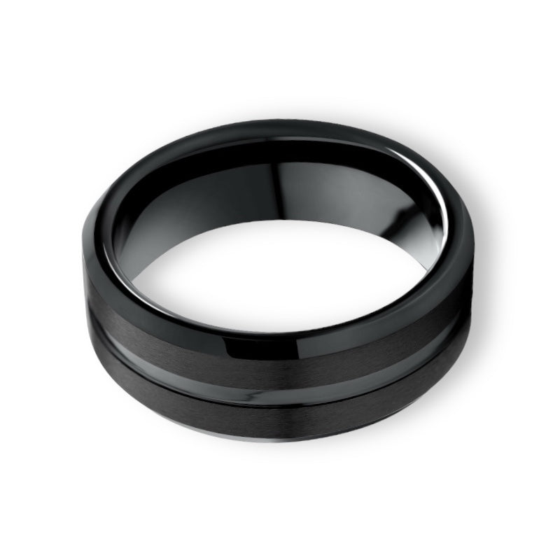 Tungsten Ring Black Center Channel Groove Satin Texture Polished Tapered Edges Band