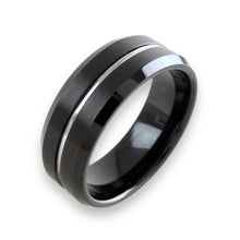 Tungsten Ring Modern Black Brushed Finish With Center Silver Stripe Channel Beveled Edges Band