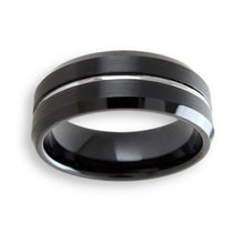Tungsten Ring Modern Black Brushed Finish With Center Silver Stripe Channel Beveled Edges Band