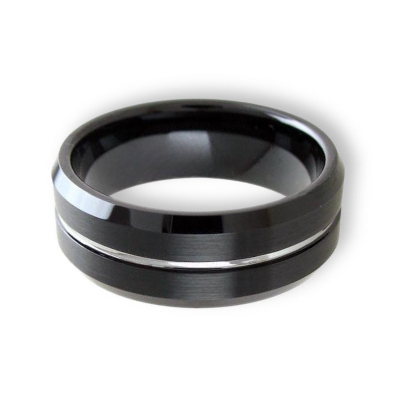 Tungsten Ring Modern Black Brushed Finish With Center Silver Stripe Channel Beveled Edges Band