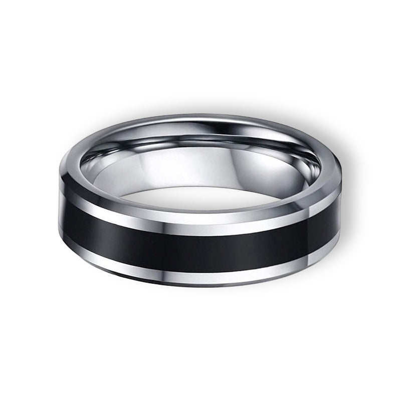 Tungsten Ring Flat Polished Black Center And Silver Beveled Edges Band