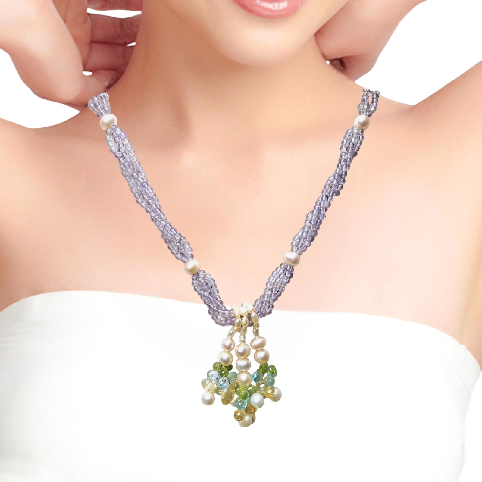 Natural Handmade Necklace 16"-18" Amethyst, Peridot, Citrine, Pearls Gemstone Beads Jewelry