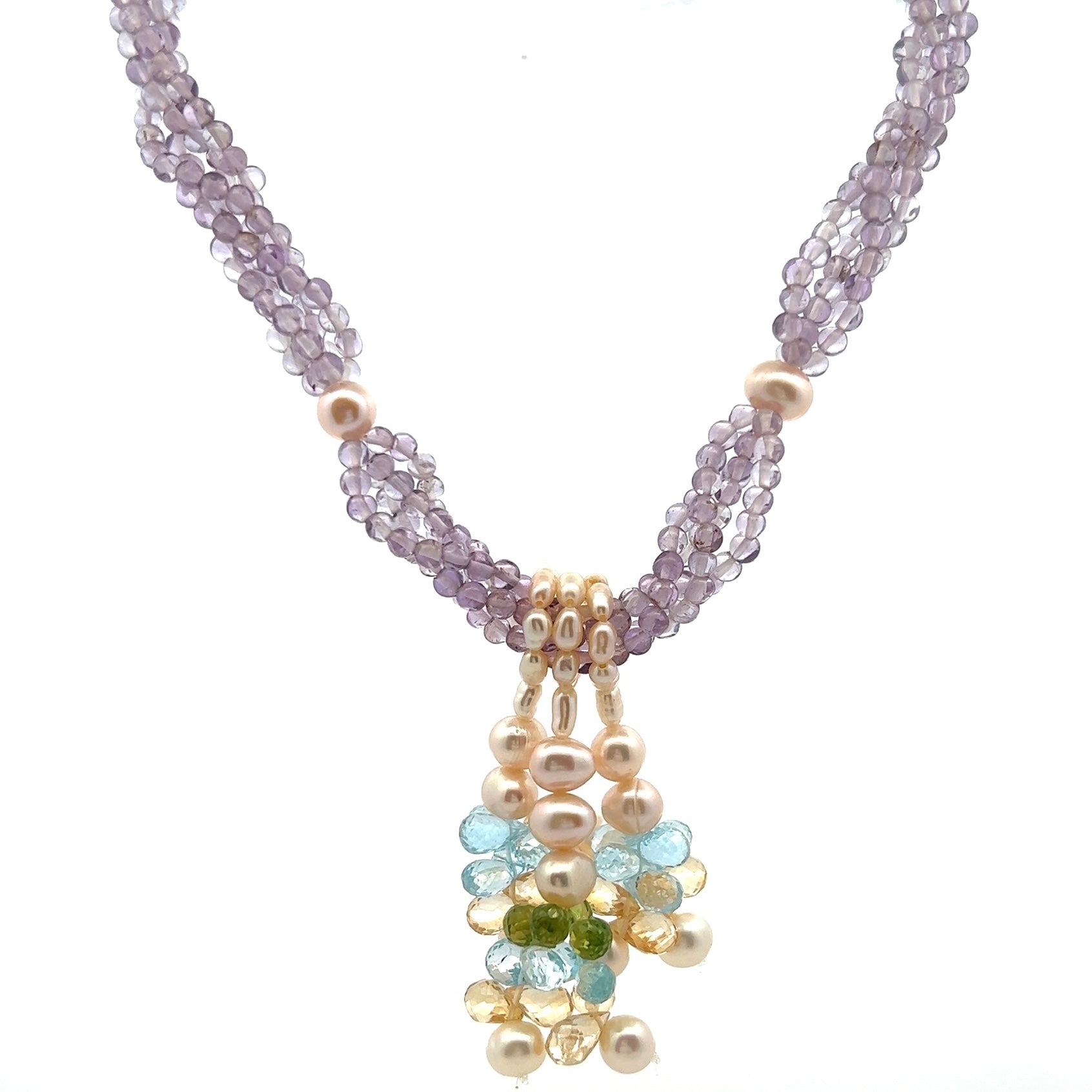 Natural Handmade Necklace 16"-18" Amethyst, Peridot, Citrine, Pearls Gemstone Beads Jewelry