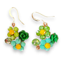 Handmade Earrings Floral Green Blue Beads Jewelry