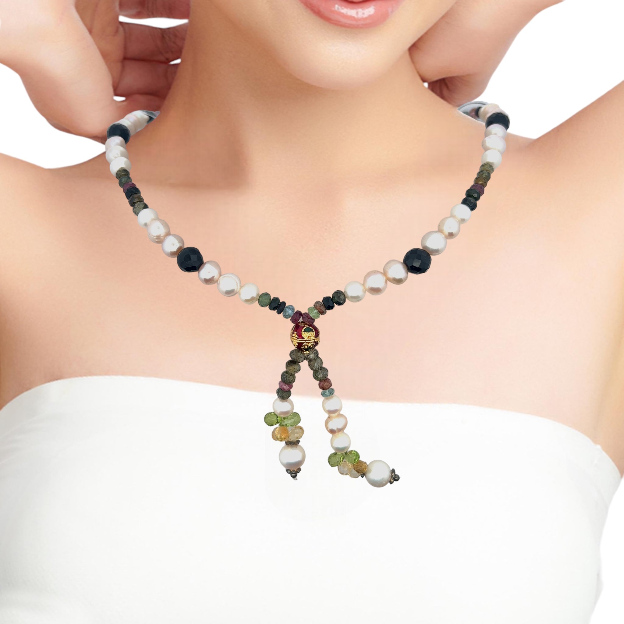 Natural Multi Tourmaline Pearl Citrine Peridot Multi Color Necklace Jewelry