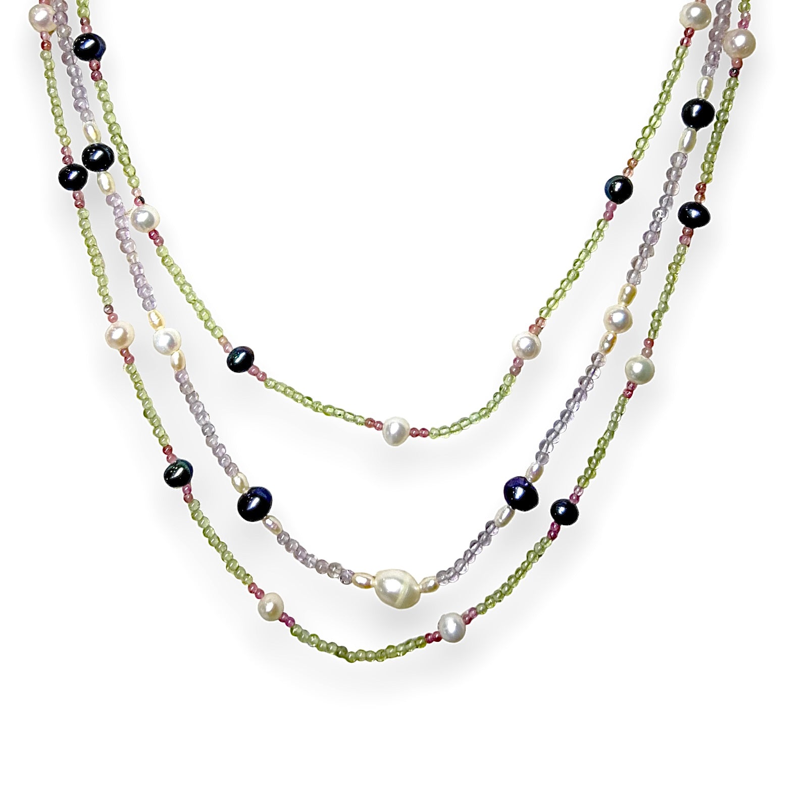 Natural Handmade Necklace 16"-18" Amethyst, Peridot, Pearls Gemstone Beads Jewellery