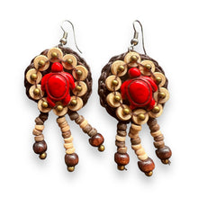 Handmade Earrings Coconut Shell Floral Red Tortoise with Tassels Jewelry