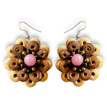 Handmade Earrings Coconut Shell Hand Carved Floral Pink Beads Jewelry