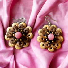 Handmade Earrings Coconut Shell Hand Carved Floral Pink Beads Jewelry