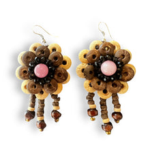 Handmade Earrings Coconut Shell Hand Carved Floral Tassel Pink Beads Jewelry
