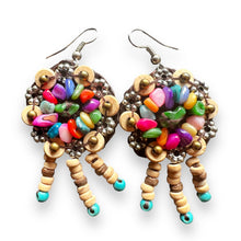Handmade Earrings Coconut Shell Hand Carved Floral Tassel Multi Beads Jewelry