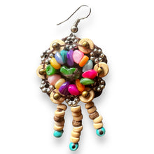 Handmade Earrings Coconut Shell Hand Carved Floral Tassel Multi Beads Jewelry