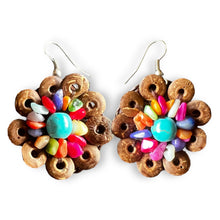 Handmade Earrings Coconut Shell Hand Carved Floral Multi Beads Jewelry
