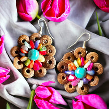Handmade Earrings Coconut Shell Hand Carved Floral Multi Beads Jewelry