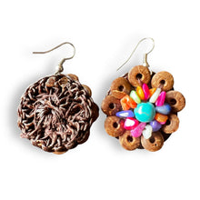 Handmade Earrings Coconut Shell Hand Carved Floral Multi Beads Jewelry