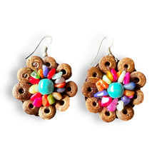 Handmade Earrings Coconut Shell Hand Carved Floral Multi Beads Jewelry