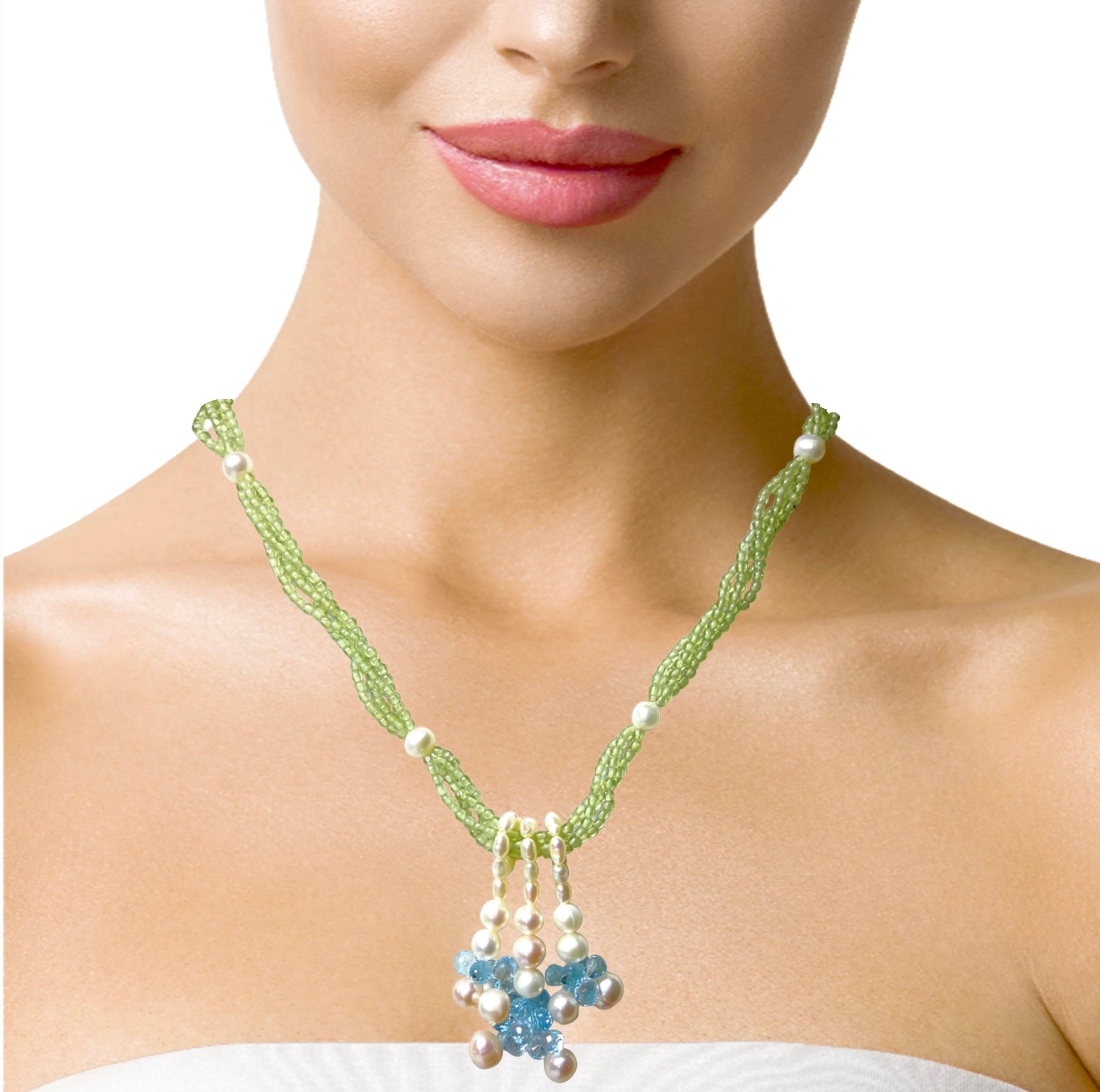 Natural Peridot with Blue Topaz Drops & Pearl Gemstone Necklace