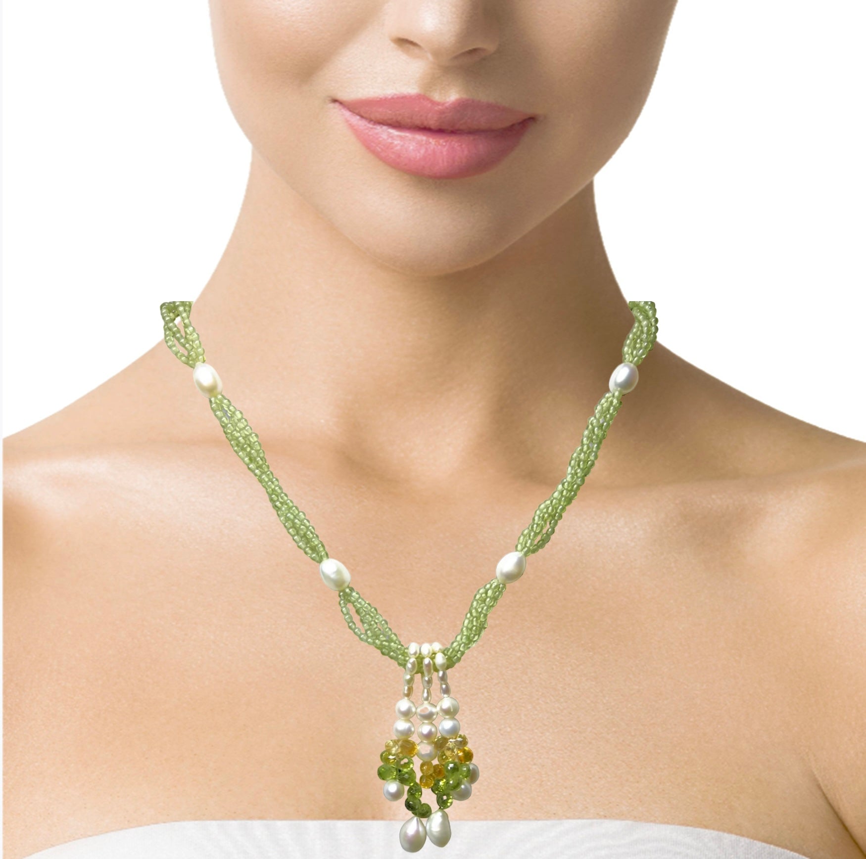 Natural Handmade Necklace 16"-18" Peridot, Citrine, Pearls Gemstone Beads Jewelry