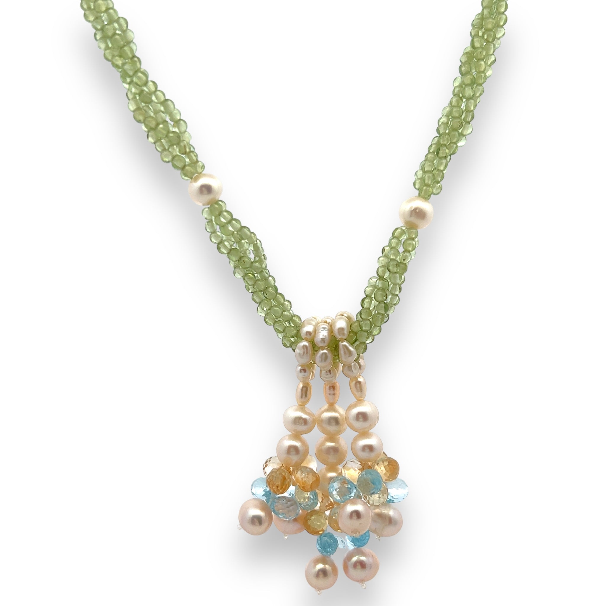 Natural Peridot Blue Topaz Citrine Smooth Pearls Gemstone Necklace