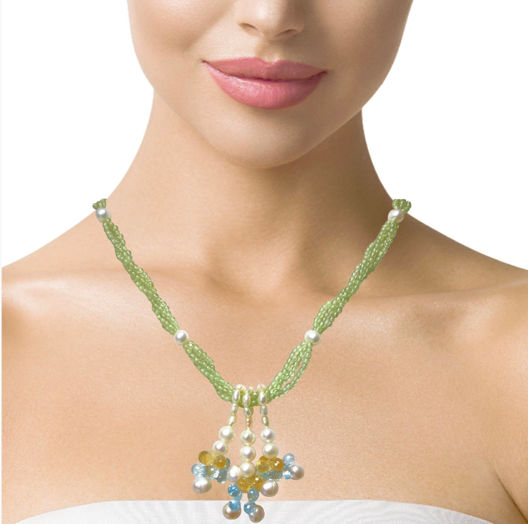 Natural Handmade Necklace 16"-18" Peridot, Blue Topaz, Citrine, Pearls Gemstone Beads Jewellery