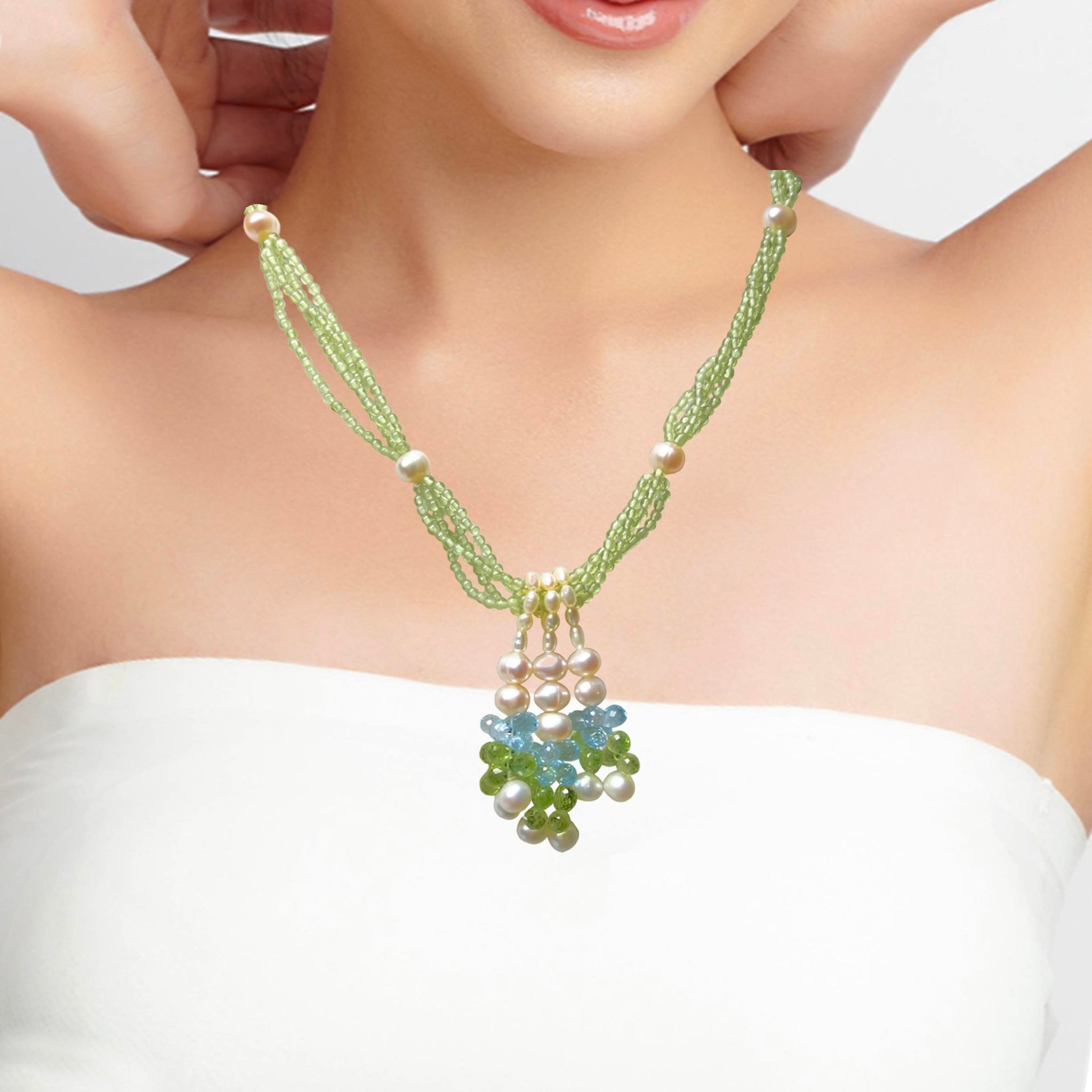 Natural Handmade Necklace 16"-18" Peridot, Blue Topaz, Pearl Gemstone Beads Jewellery