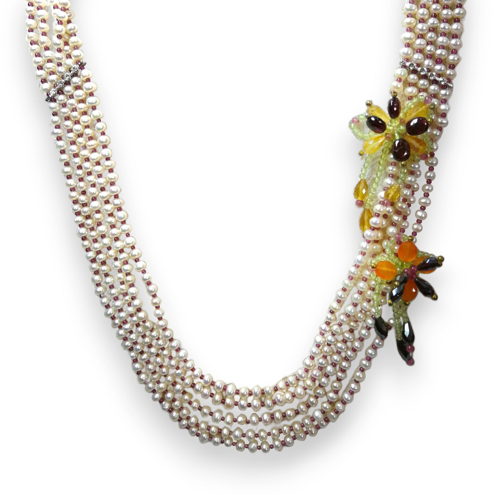 Natural Handmade Necklace 16"-18" Pearls, Peridot, Citrine, Carnelian, Garnet Gemstone Beads Jewellery