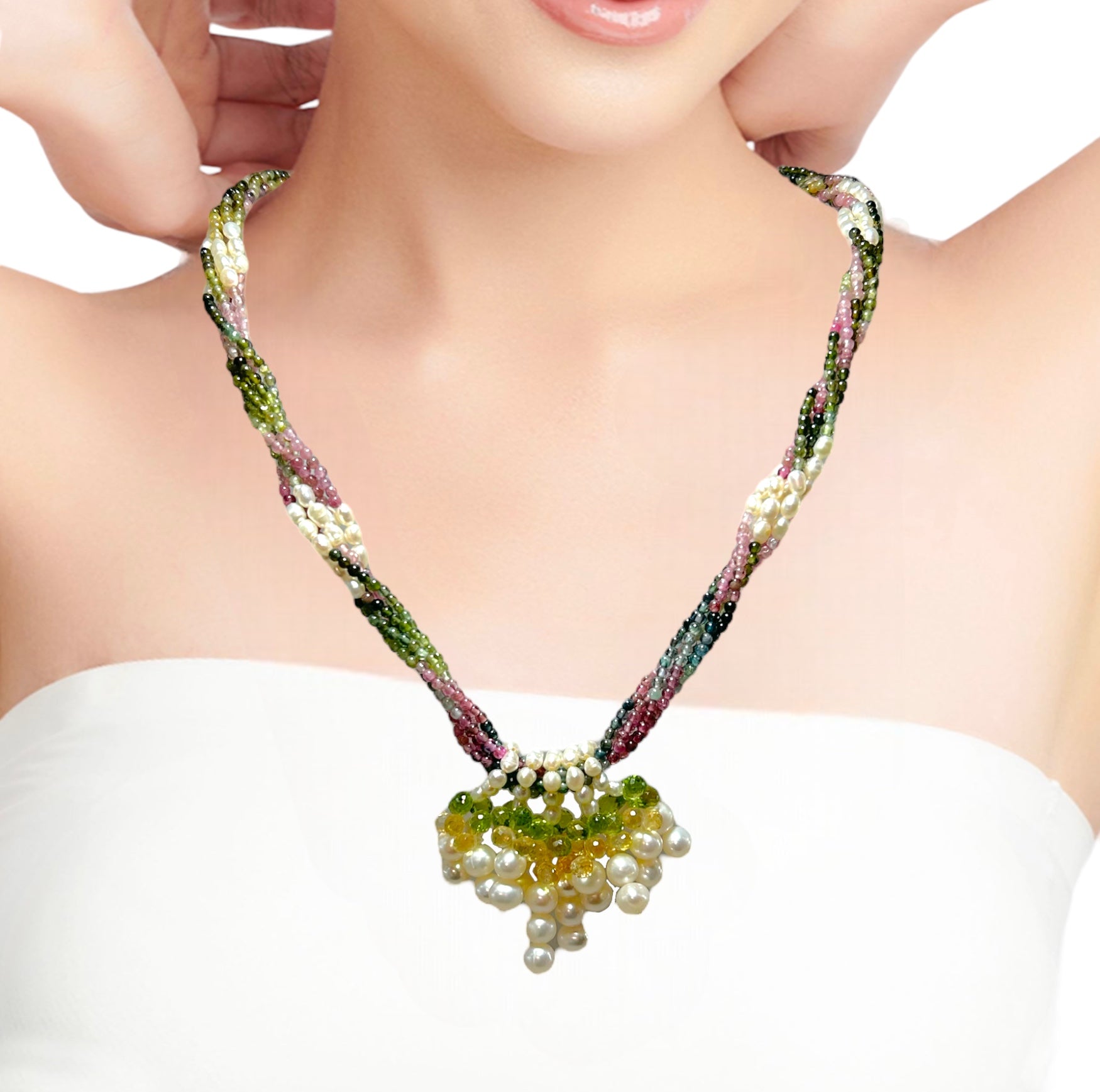 Natural Handmade Necklace 16"-18" Pearl, Peridot, Tourmaline, Citrine Gemstone Beads Jewelry
