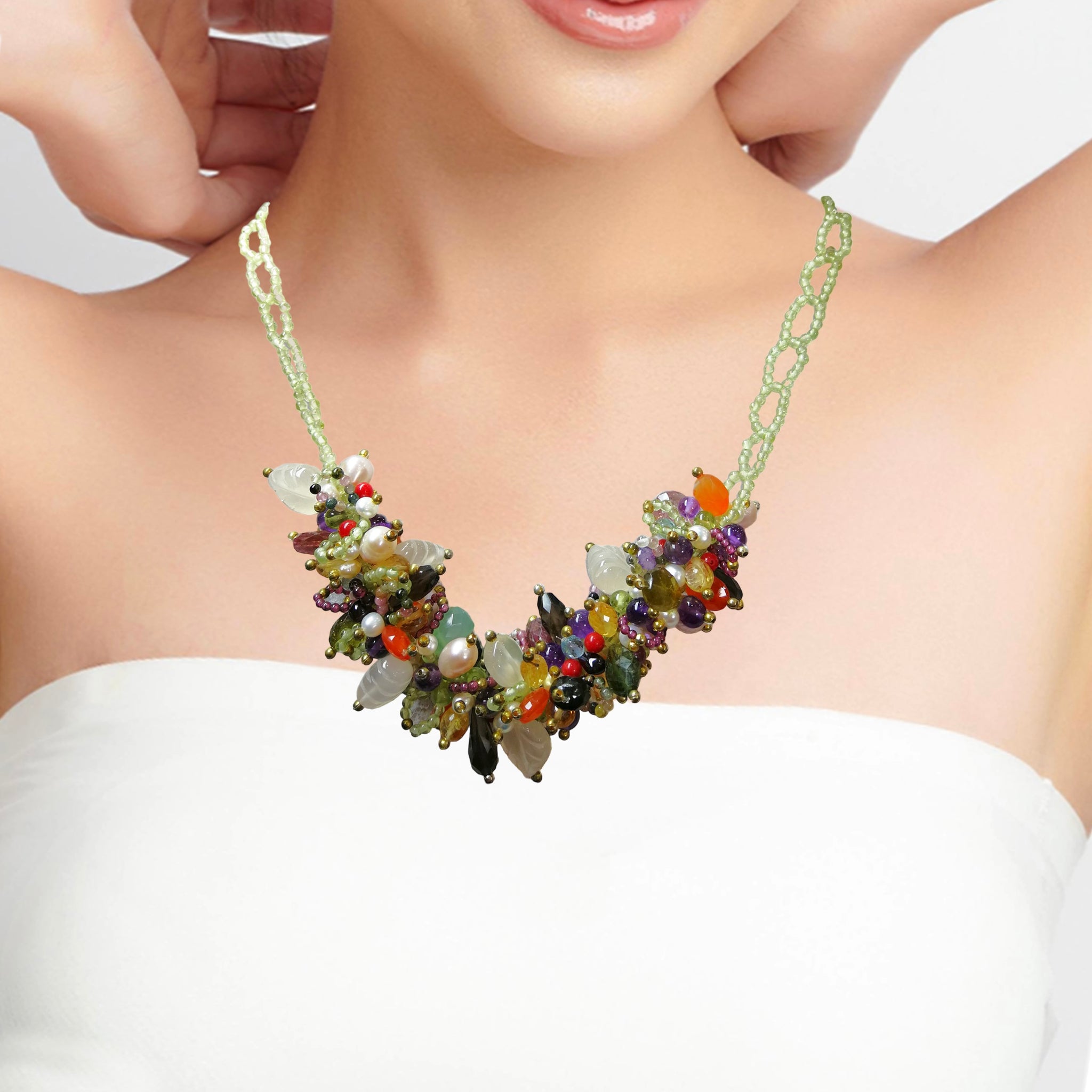 Natural Handmade Necklace 16"-18" Multi Semiprecious Stones - Peridot, Pearls, Garnet, Carnelian Gemstone Beads Jewellery
