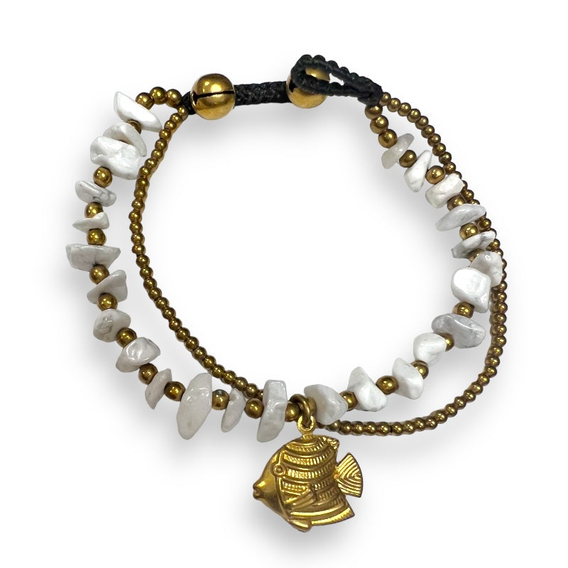 Handmade Bracelet Howlite Trinket Charms Lucky Fish with Bells Beaded 8 Inch Jewelry