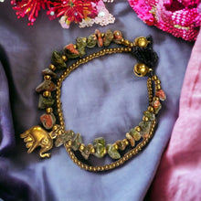 Handmade Bracelet Green Jasper Trinket Charms Elephant with Bells Beaded 8 Inch Jewelry