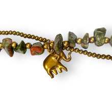 Handmade Bracelet Green Jasper Trinket Charms Elephant with Bells Beaded 8 Inch Jewelry