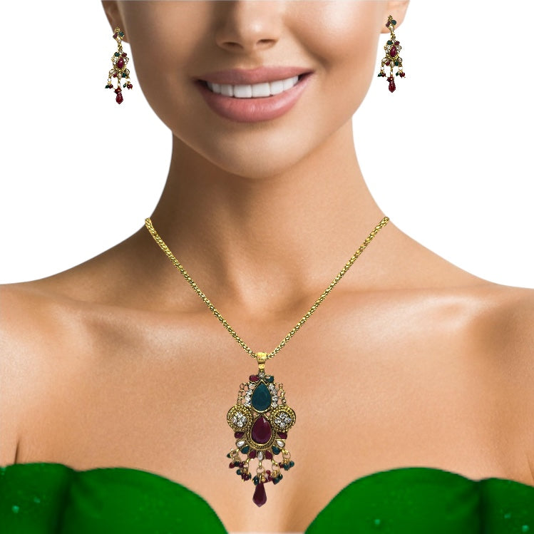 Royal Traditional Pattern Gold Plated Necklace, Earring Jewelry Set