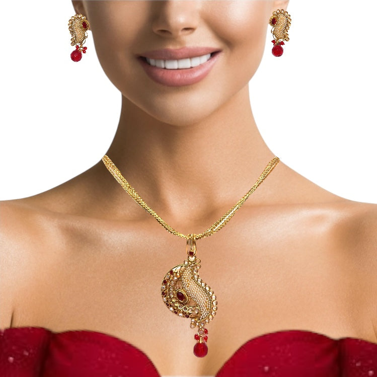 Stunning Pearl Seed With Stones Designed Earring Pendant Necklace Gold Plated Jewelry Set