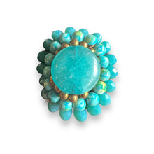 Handmade Ring Turquoise Round Gemstone Woven Wax Cord Adjustable Jewelry