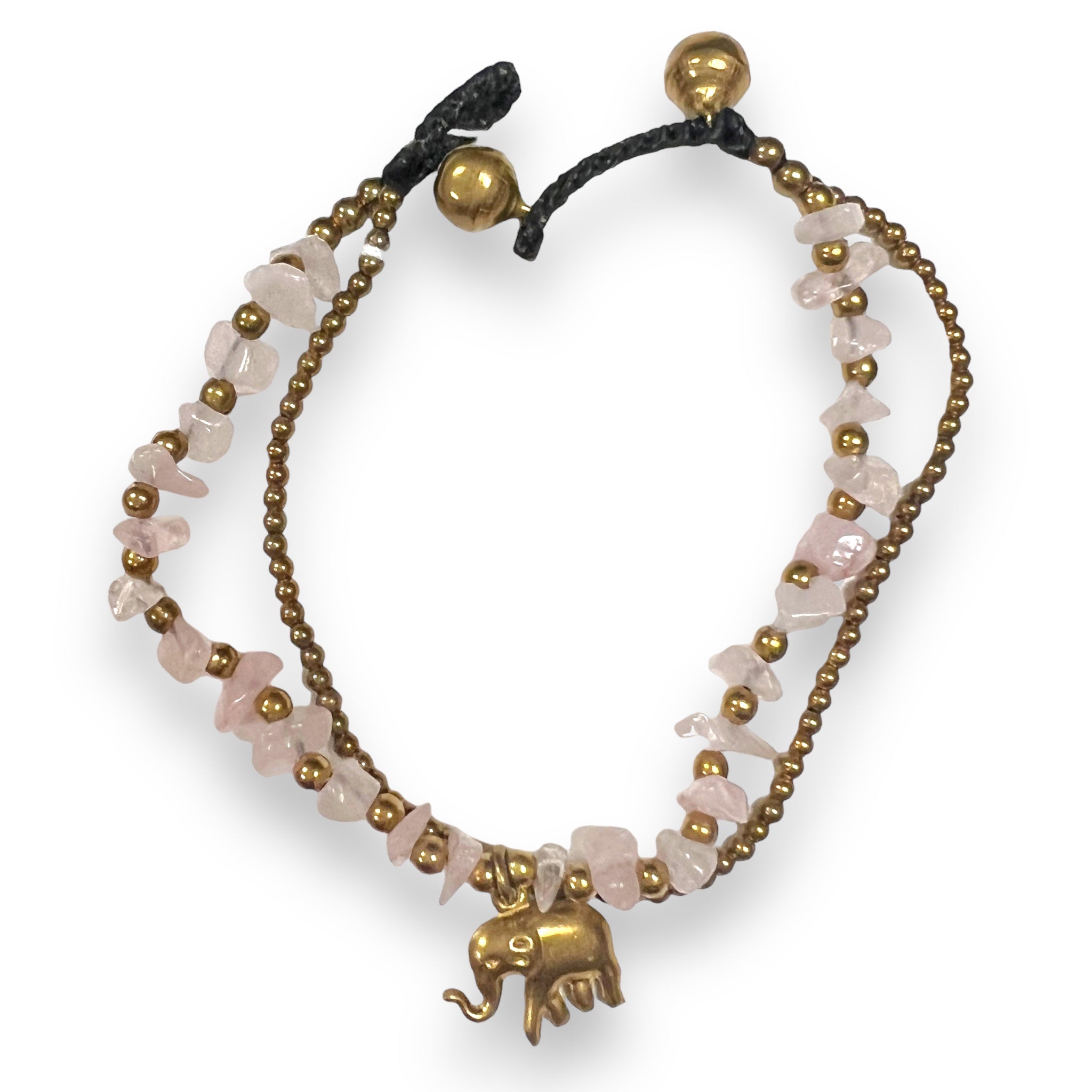 Handmade Bracelet Rose Quartz Trinket Charms Elephant with Bells Beaded 8 Inch Jewelry
