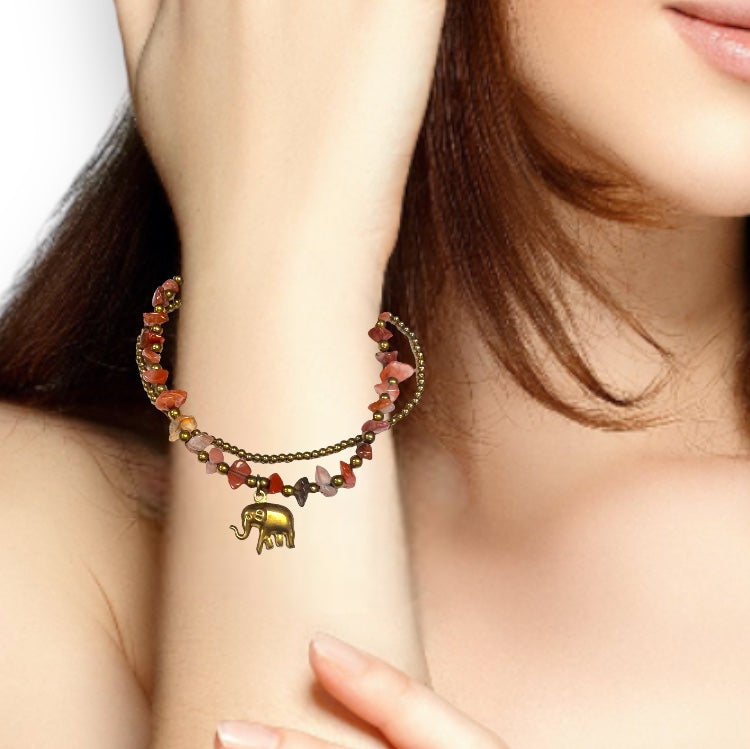 Handmade Bracelet Red Jasper Trinket Charms Elephant with Bells Beaded 8 Inch Jewelry