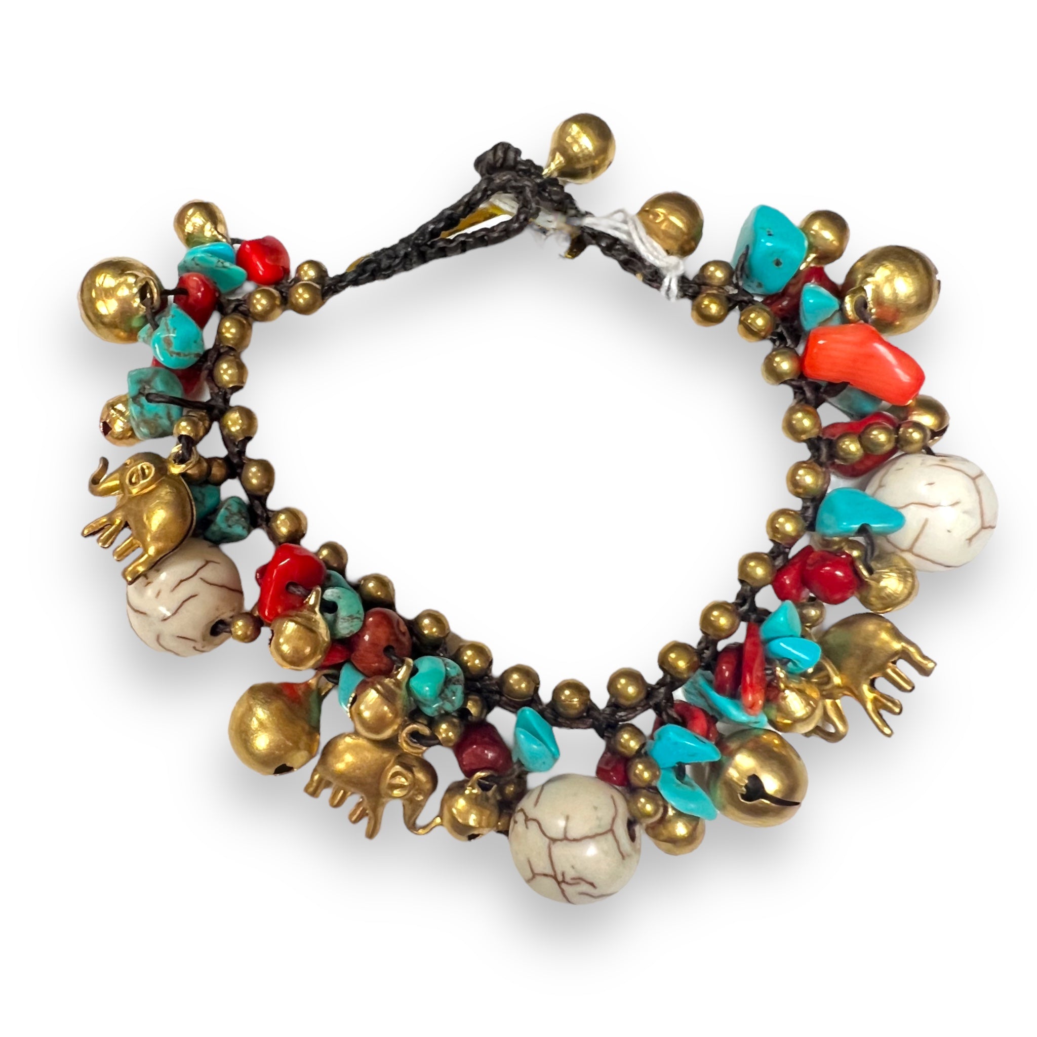 Handmade Bracelet Turquoise, Howlite, Coral Elephant Bells Charms Colorful Beads Beaded 8 Inch Jewelry