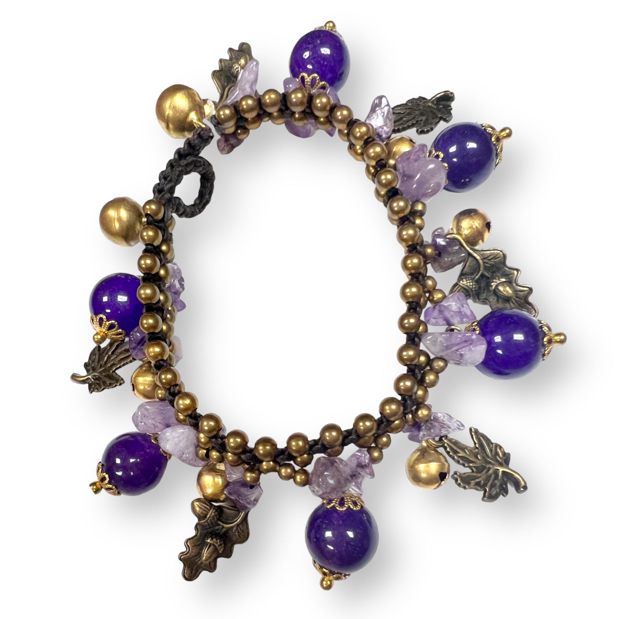 Handmade Bracelet Amethyst Leaves Bells Charms Beaded 8 Inch Jewelry