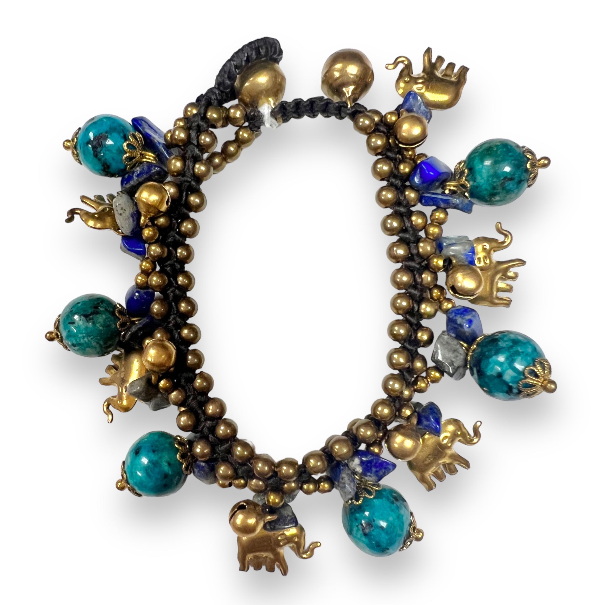Handmade Bracelet Turquoise and Lapiz Elephant Bells Charms Beaded 8 Inch Jewelry