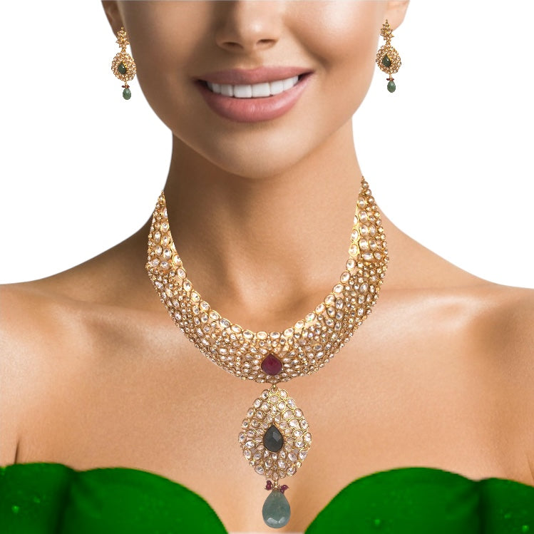 Royal Traditional Necklace, Earring with Ear Chain and Tikka Gold Plated Indian Bridal Jewellery Set