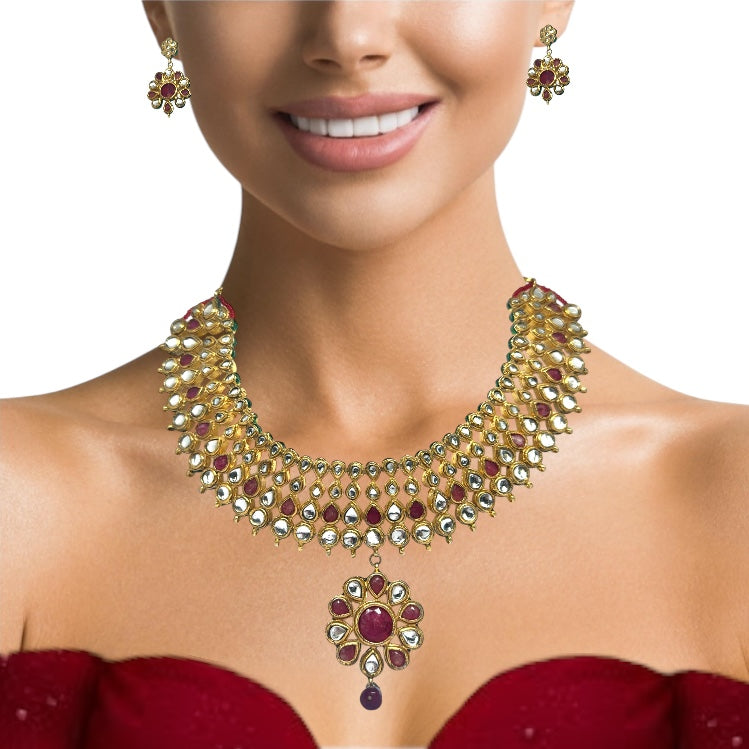Traditional Kundan Meenakaari Gold Plated Full Necklace Earring Jewelry Set