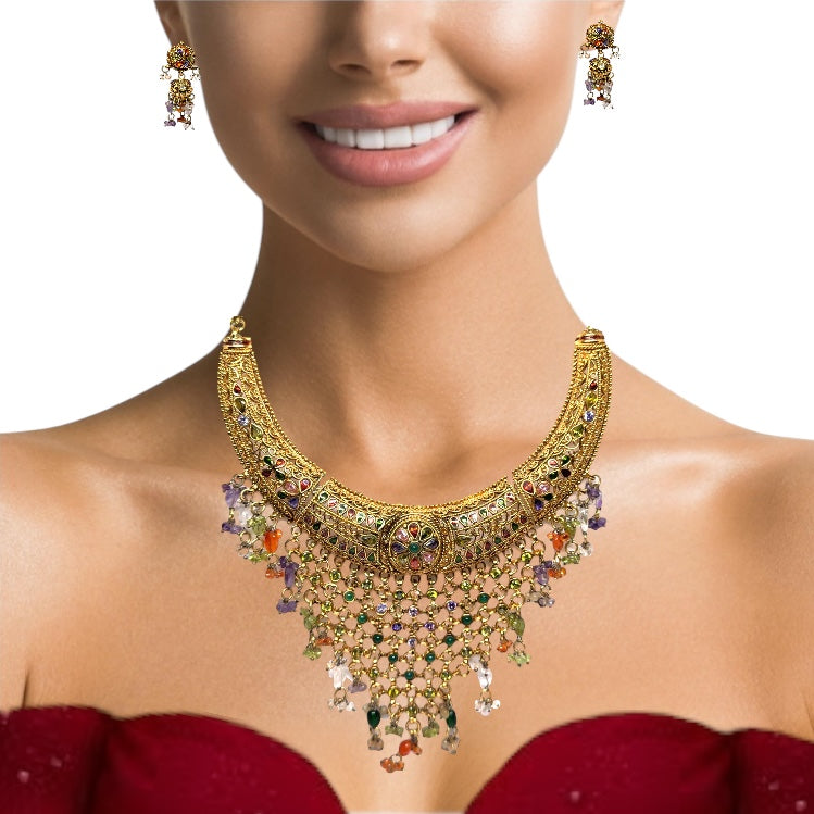 Traditional Indian Royal Choker Necklace with Jhumka & Ear Chain Earring Gold Plated Jewelry Set