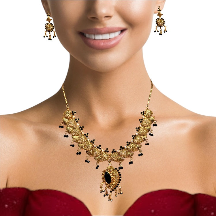 Necklace Earring Traditional Indian Black Stones Mangalsutra Evil Eye Protection Jewellery Set