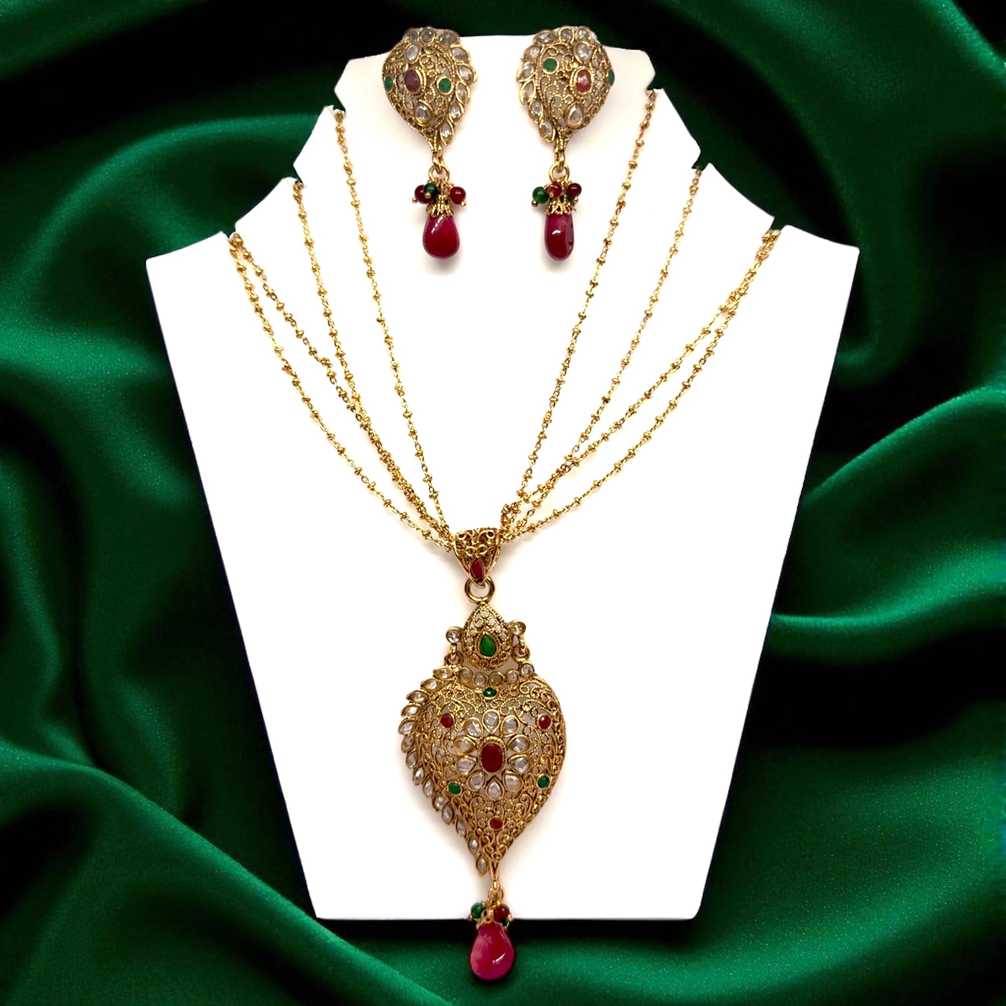Necklace with Drop Pendant & Earring Multi Layer Heritage Polki Bridal Jewellery Set