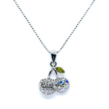 Double Cherry Pendant Beaded Chain 15” Necklace with White Rhinestones – Fun Statement Jewelry