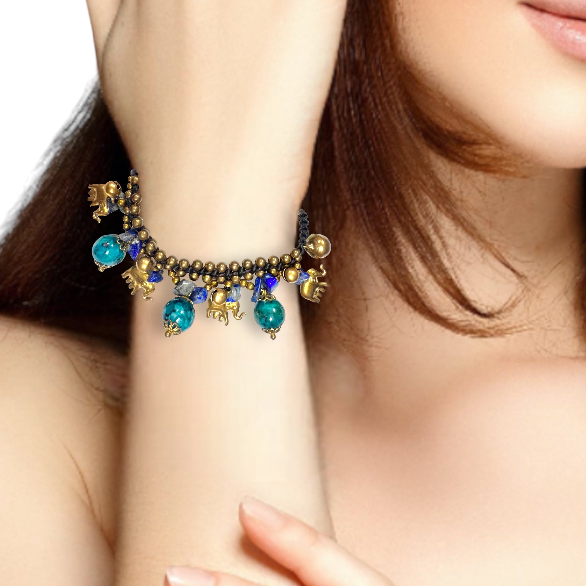 Handmade Bracelet Turquoise and Lapiz Elephant Bells Charms Beaded 8 Inch Jewelry