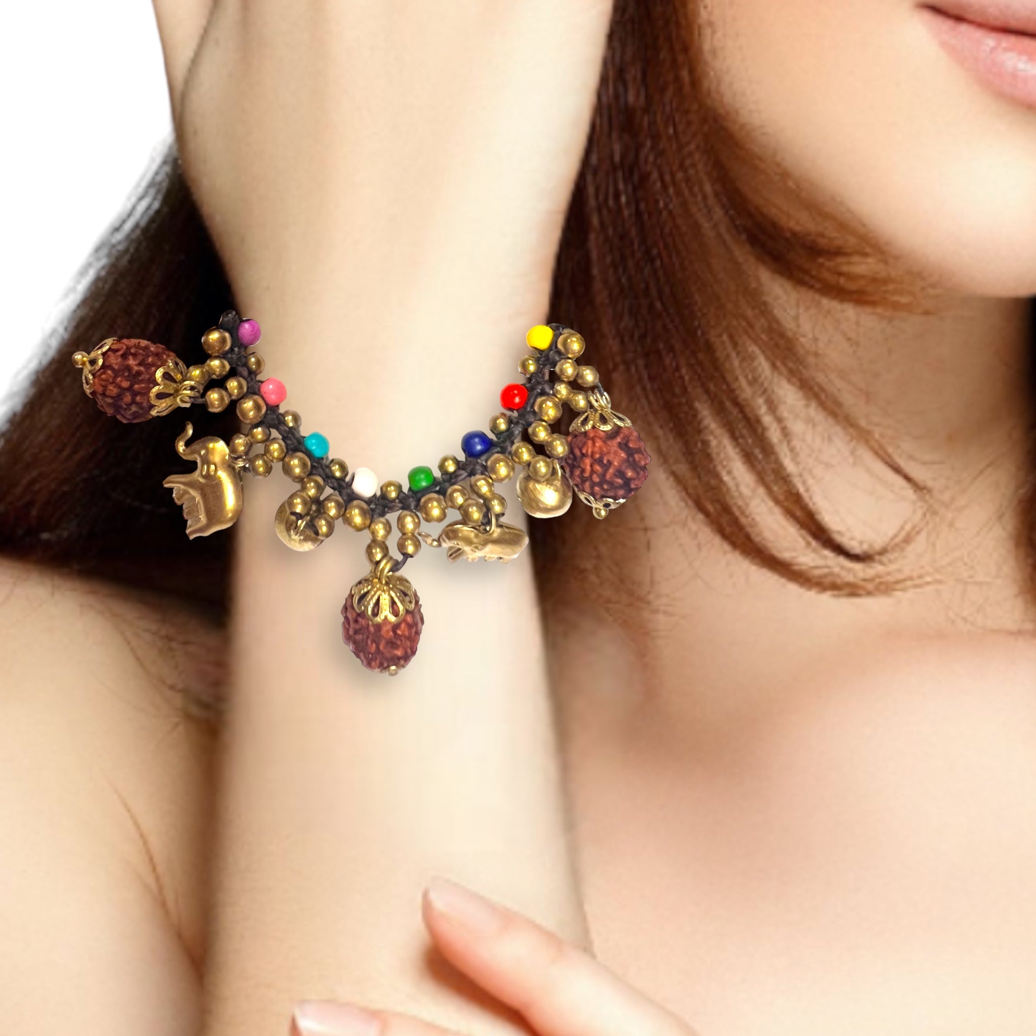 Handmade Bracelet Rudraksh Elephant Bells Charms Beaded 8 Inch Jewelry