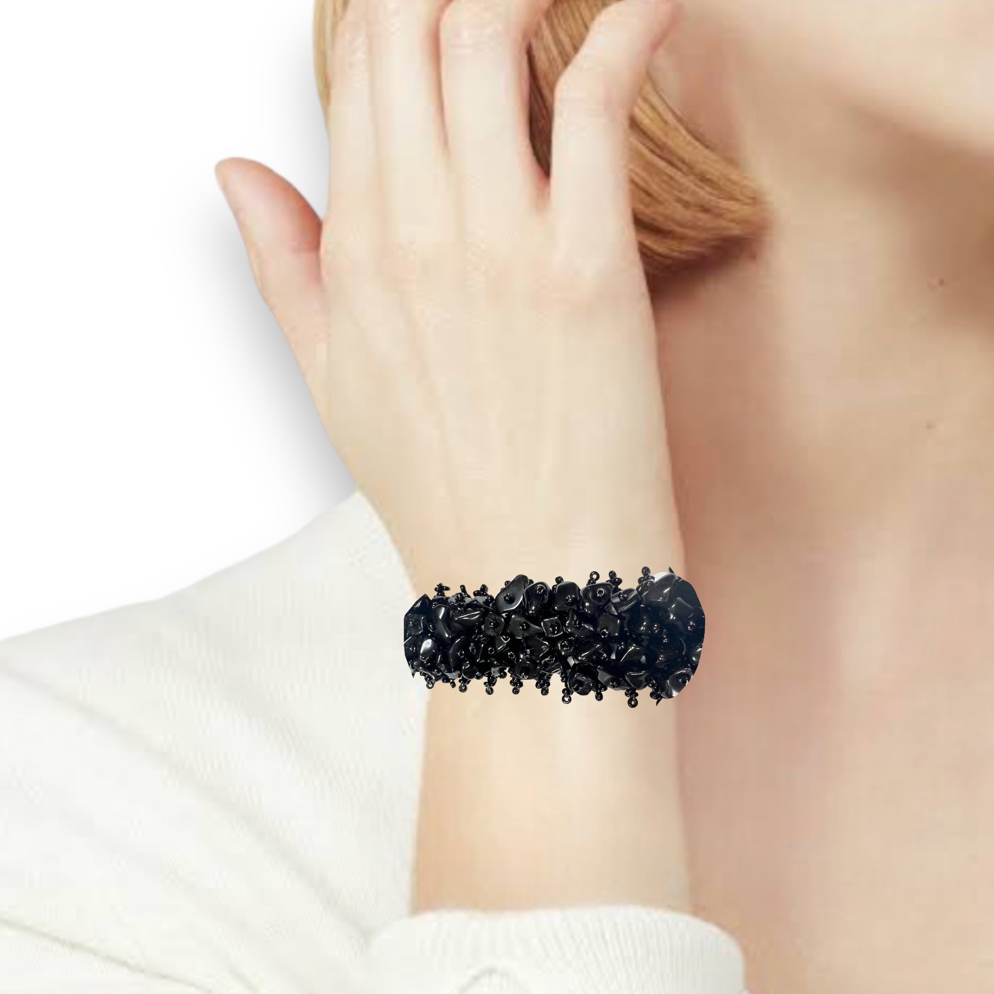 Handmade Bracelet Black Onyx Beaded 7 Inch Hand Jewelry