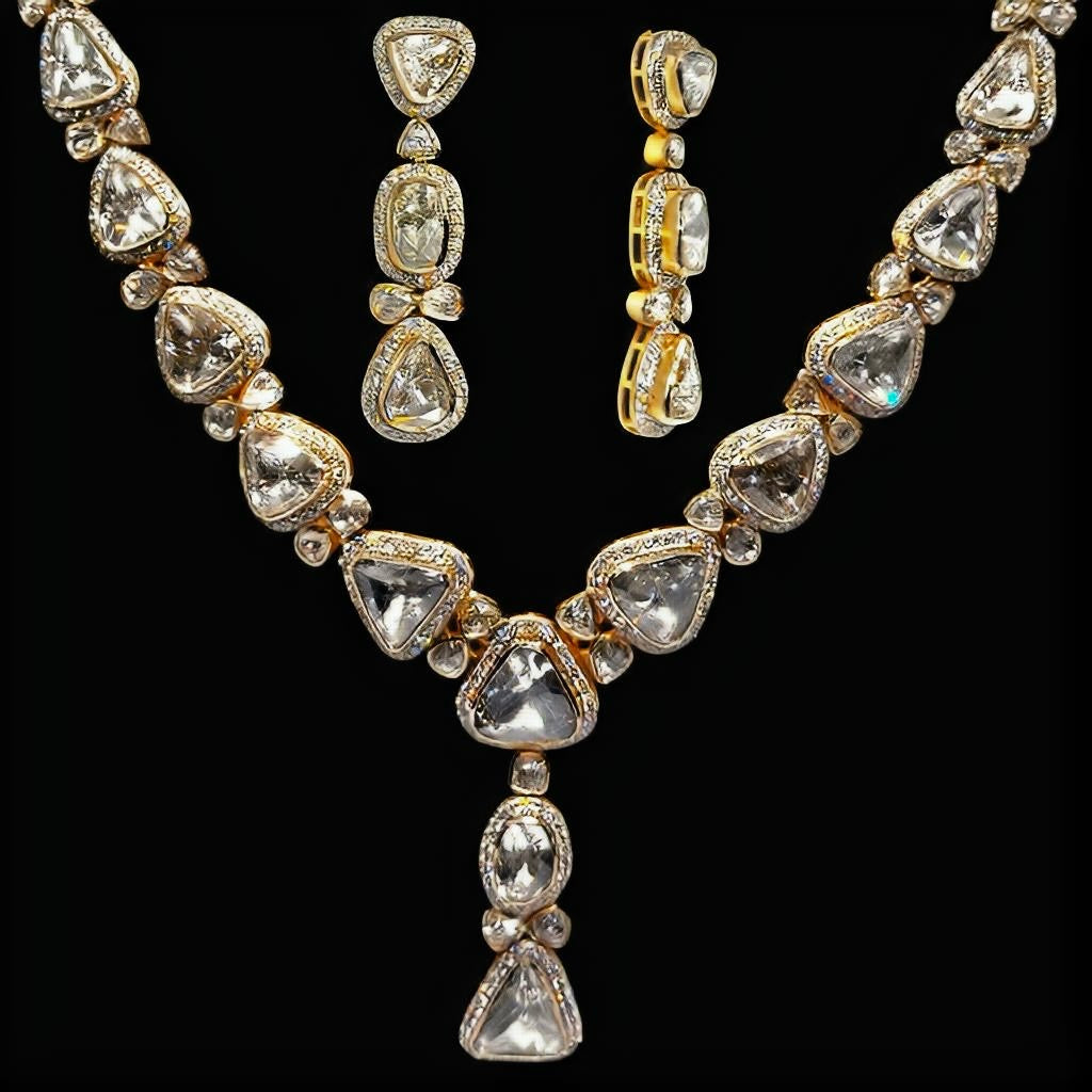 18K Yellow Gold Polki Diamond Unique & Rare Matched Pair Necklace and Earring Set – Royal Aesthetic Bridal Jewellery