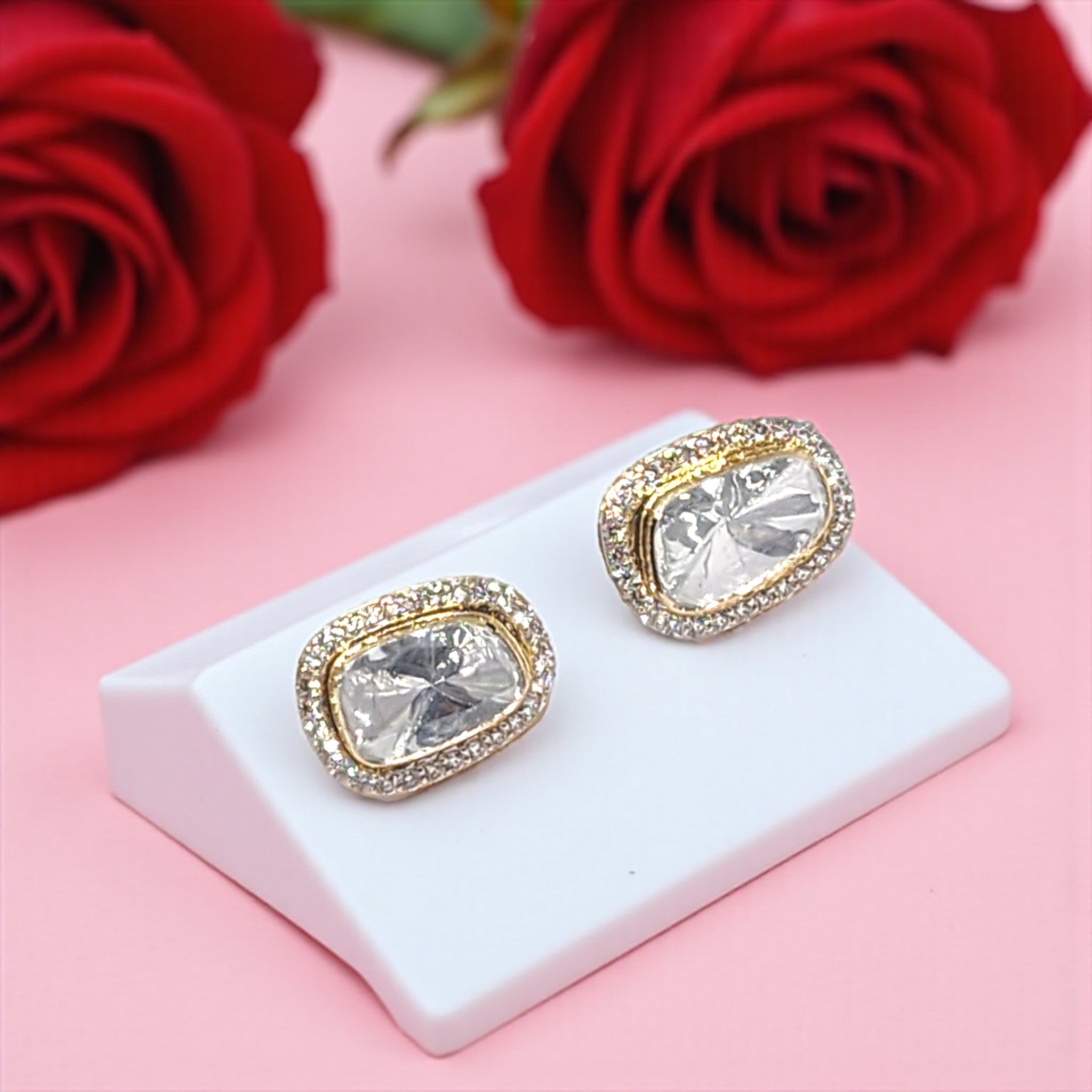 14K Yellow Gold Diamond Polki Earrings – Traditional Design with Jadau-Inspired Elegance